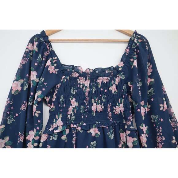 Lulus Floral Navy Blue Off-The-Shoulder Smocked Mini Dress Long Sleeves Womens S - Picture 13 of 15